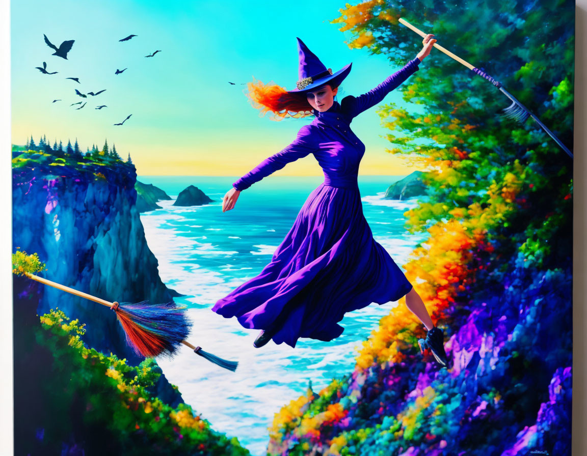 Purple-dressed witch with hat levitates over cliffside with wand and broom, birds and ocean