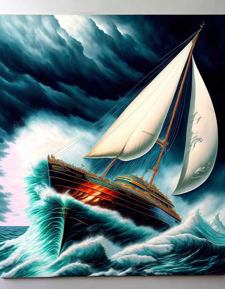 Classic Sailboat Painting: Stormy Seas & Vibrant Colors