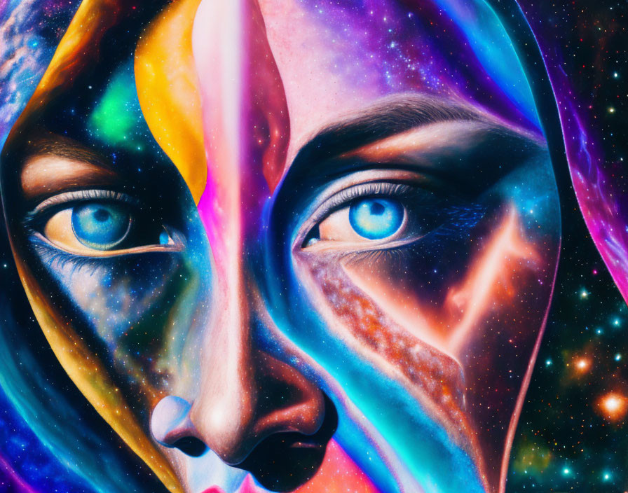 Colorful cosmic painting: close-up face with blue eyes and neon swirls