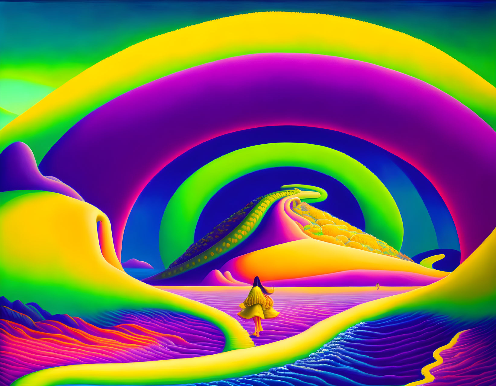 Colorful Psychedelic Landscape with Cloaked Figure and Tentacle-like Structure