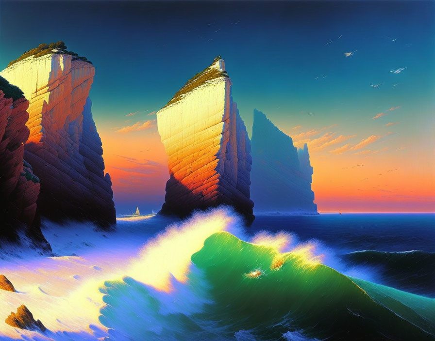 Vibrant ocean sunset with orange and blue skies illuminating crashing waves and steep cliffs