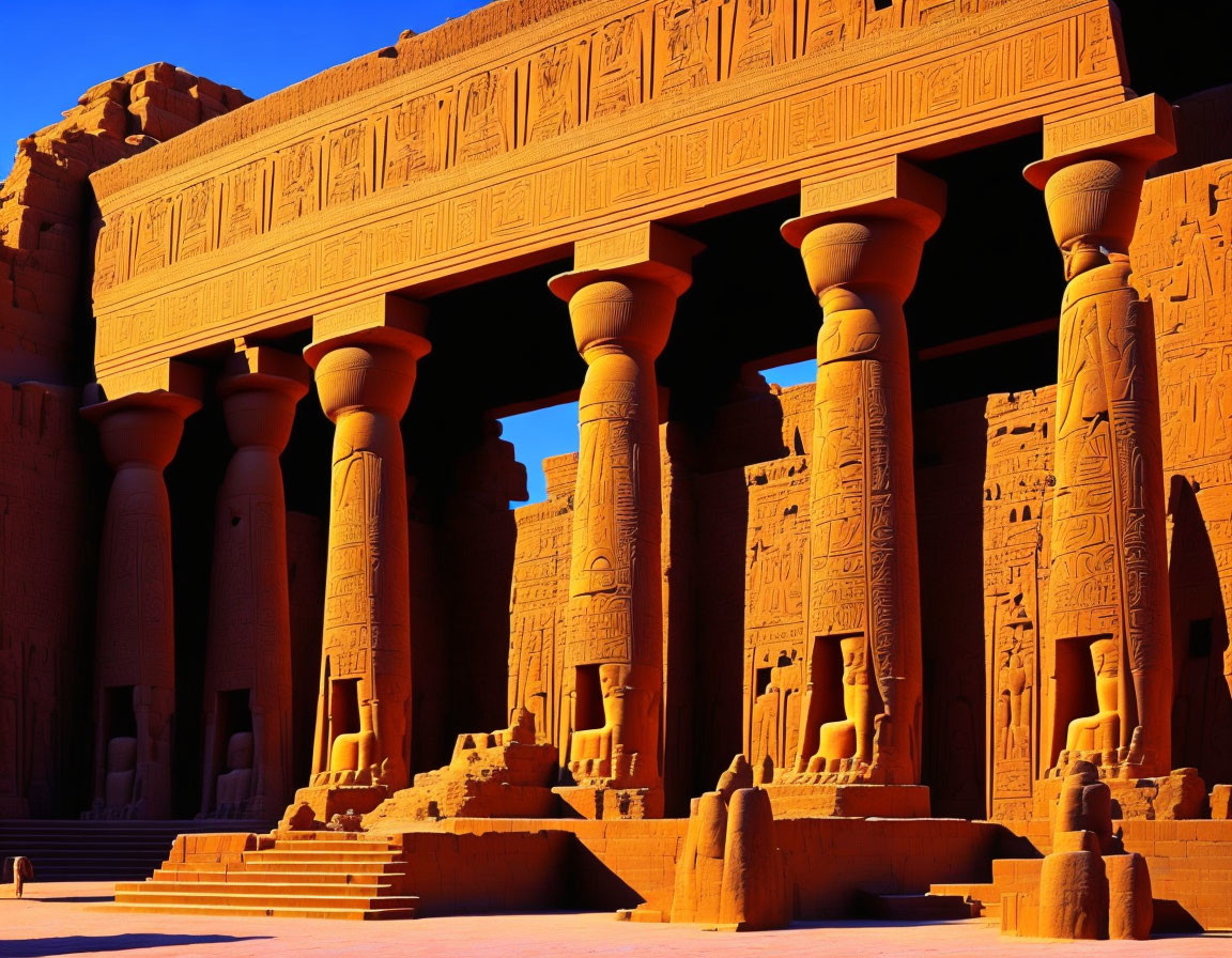 Ancient Egyptian temple with hieroglyphic-covered columns in warm sunlight