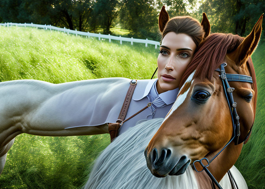 Woman with striking eyes and horse in bridle in greenery with white fence