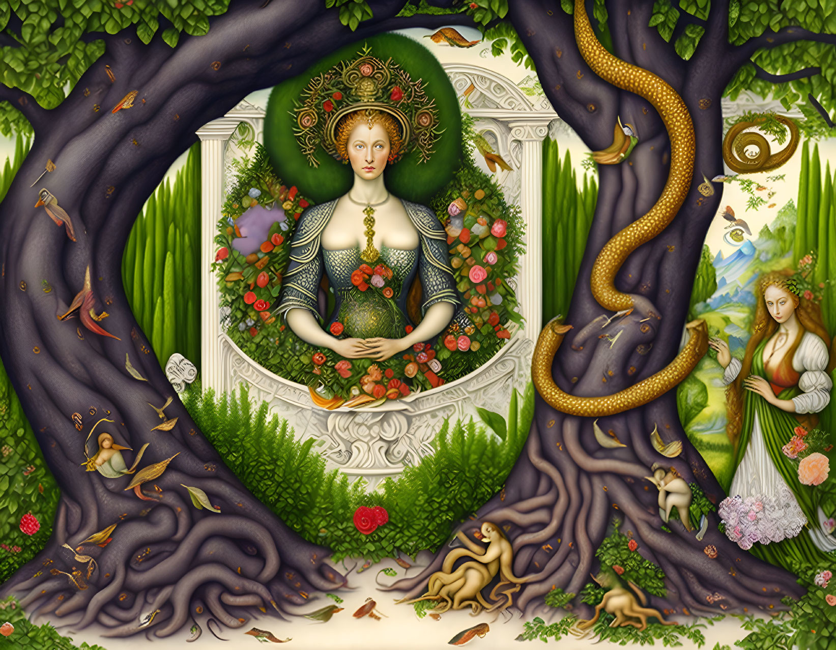 Mystical artwork of woman with halo, snake, and flora