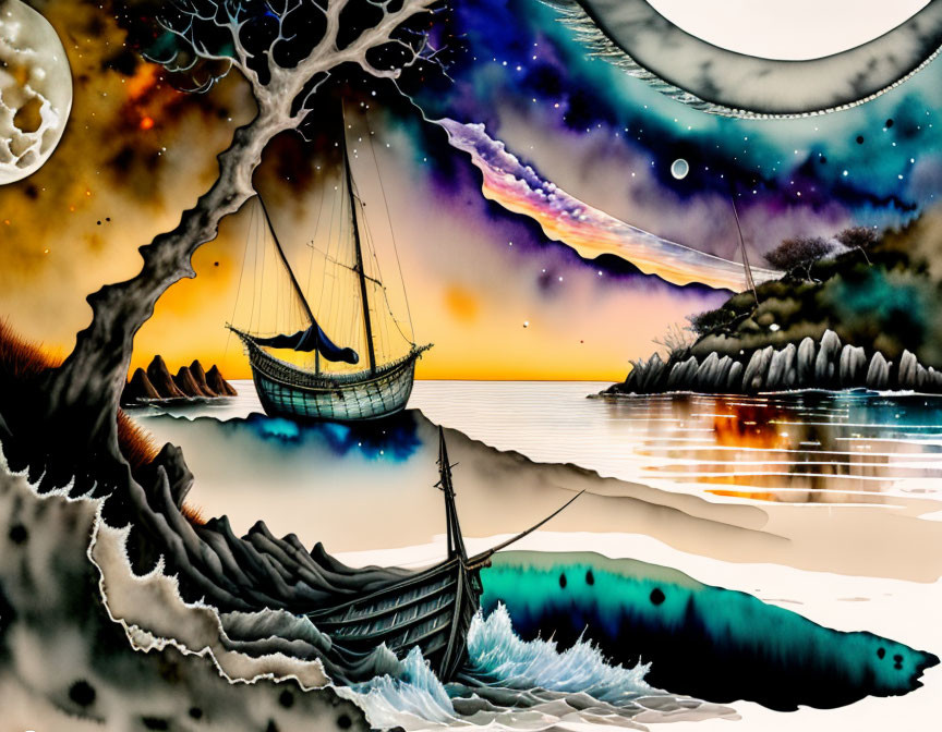 Surreal artwork: Ships on calm and stormy seas