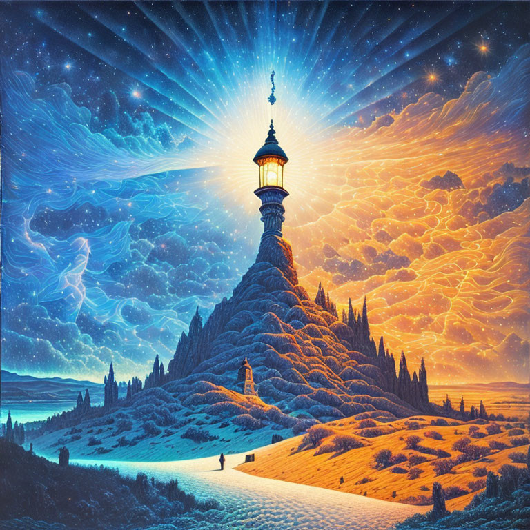 Starry sky over lighthouse on tree-covered hill