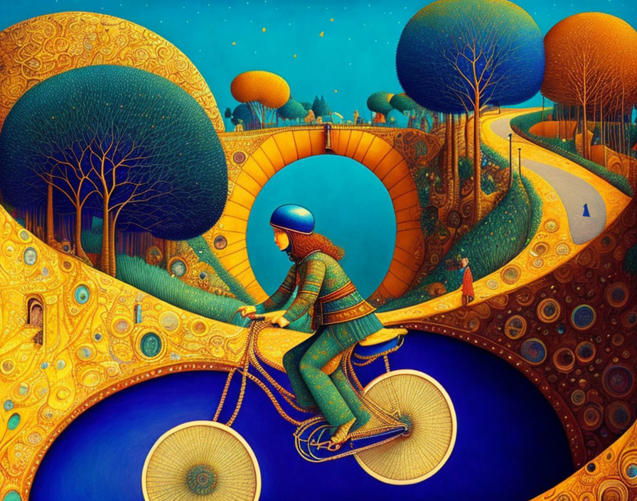 Surreal artwork: person on penny-farthing crossing golden bridge