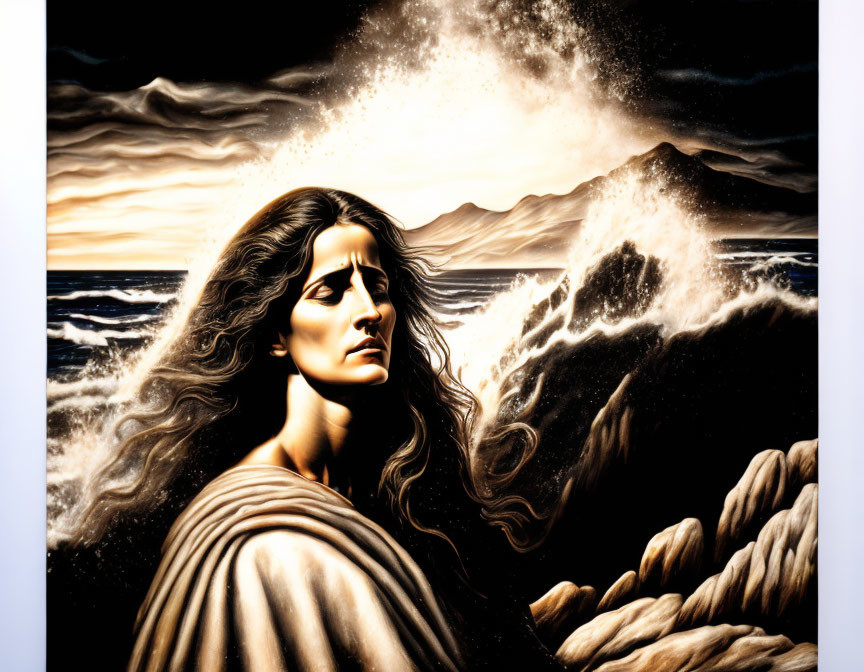 Surreal painting: Woman with flowing hair merges with tempestuous sea and sky