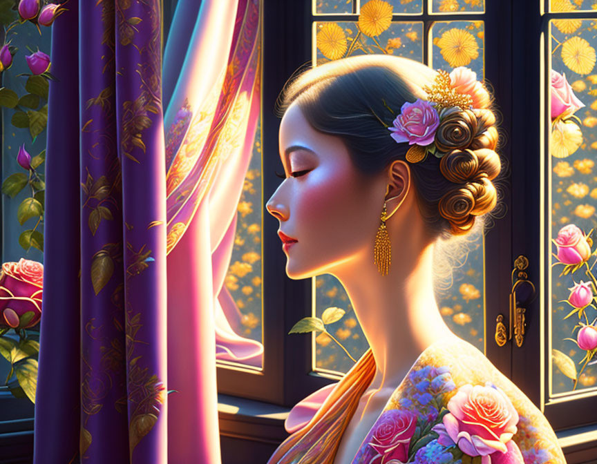 Illustrated woman with intricate hairstyle near flower-adorned window under sunlight.