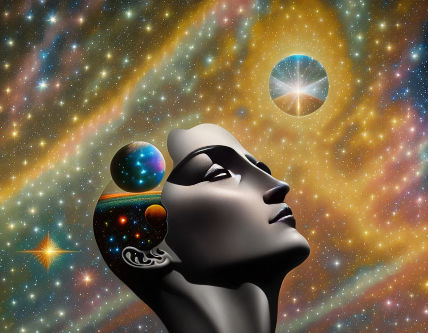 Surreal cosmic woman profile with planets and nebula background