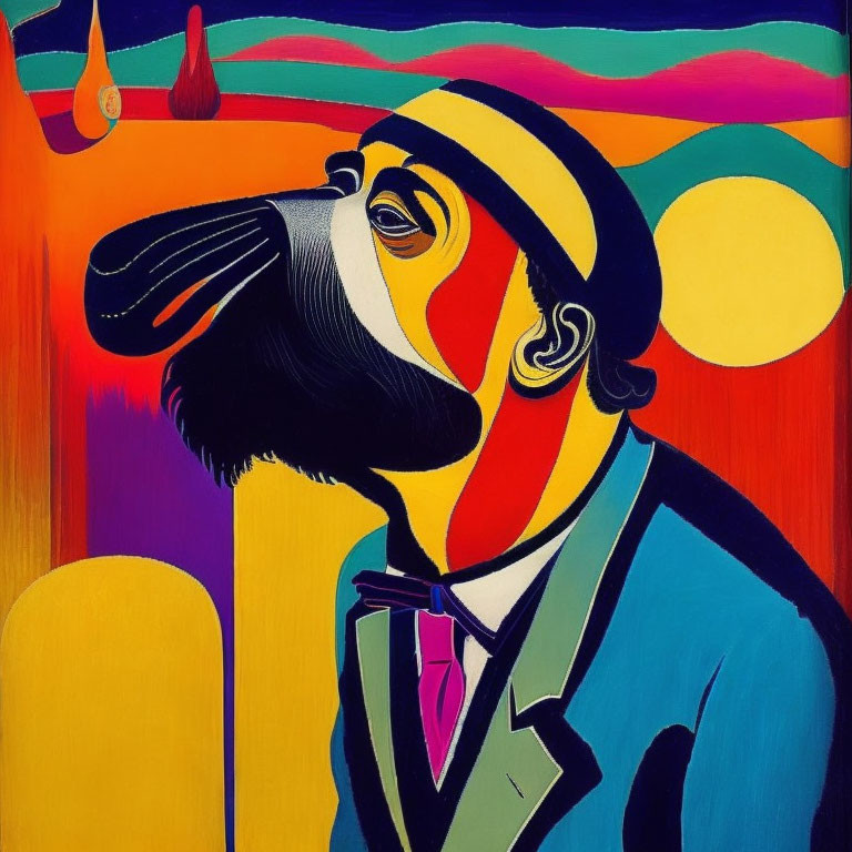 Colorful painting of a dog in human clothes and monocle against abstract background