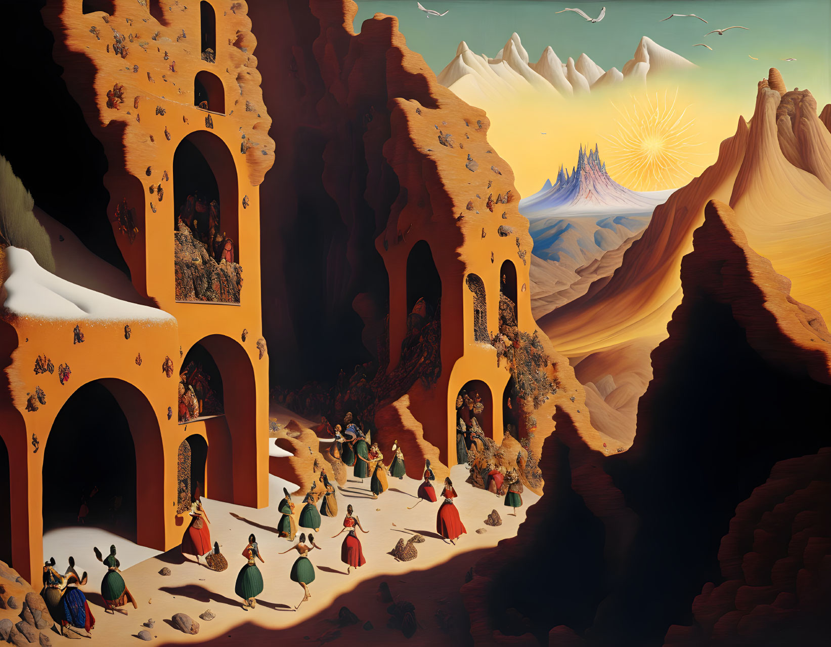 Vibrant surreal landscape with ornate buildings, figures in cloaks, sandy terrain, snowy mountains