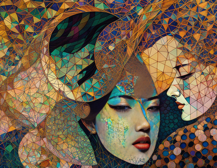 Colorful geometric patterns overlay two women's faces in digital art