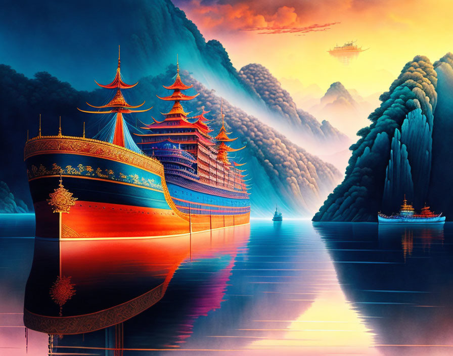 Fantasy art: Majestic ships, mountains, floating city, calm waters