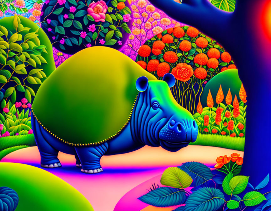 Colorful Hippopotamus Illustration in Psychedelic Neon Landscape