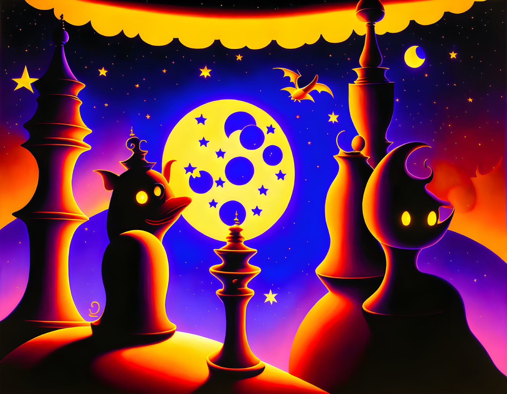 Chess pieces illustration with night sky, moon, stars, and witch silhouette