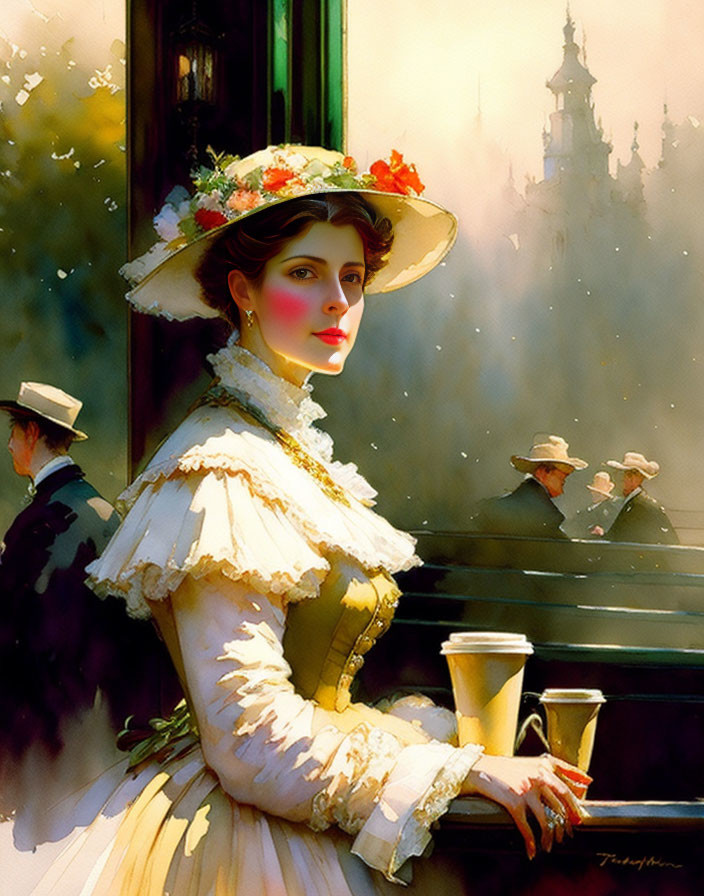 Vintage scene: Elegant lady in dress and hat by cafe window, men converse in old cityscape.