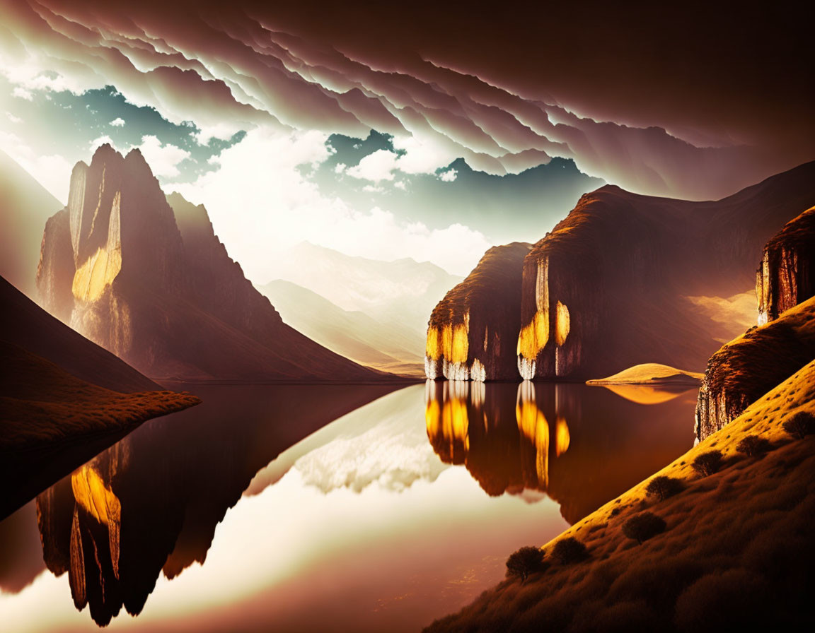 Majestic mountains and waterfalls reflected in serene lake at dusk