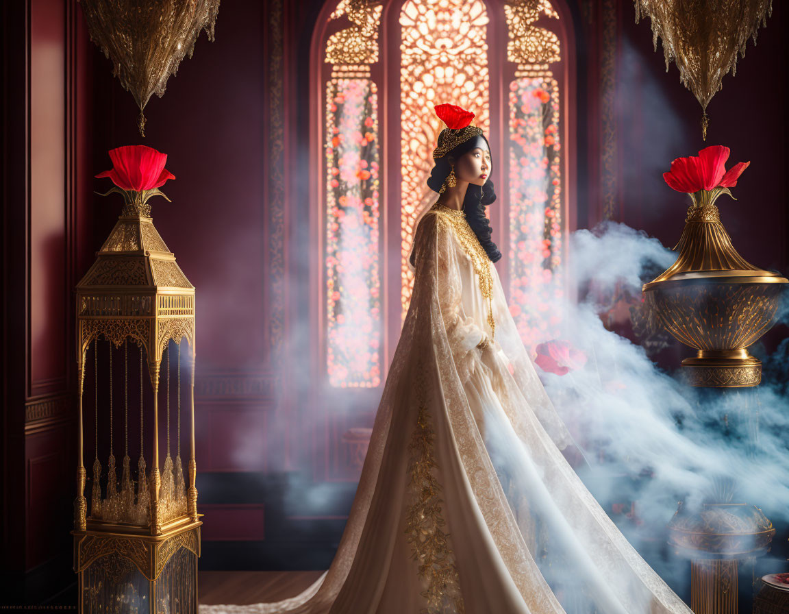 Woman in white dress with red headpiece beside golden urn in luxurious room