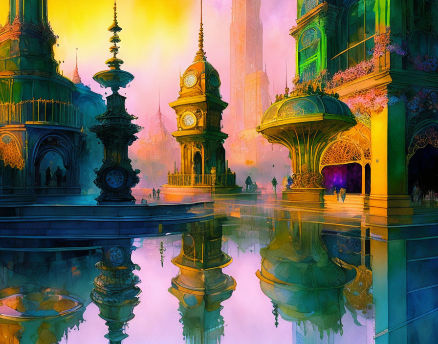 Fantasy cityscape with clock towers, colorful foliage, and warm glow