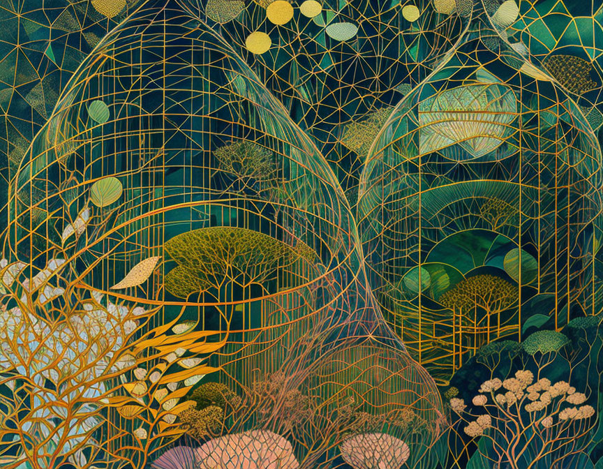 Interwoven spherical patterns and stylized trees in greens, yellows, and golds on dark