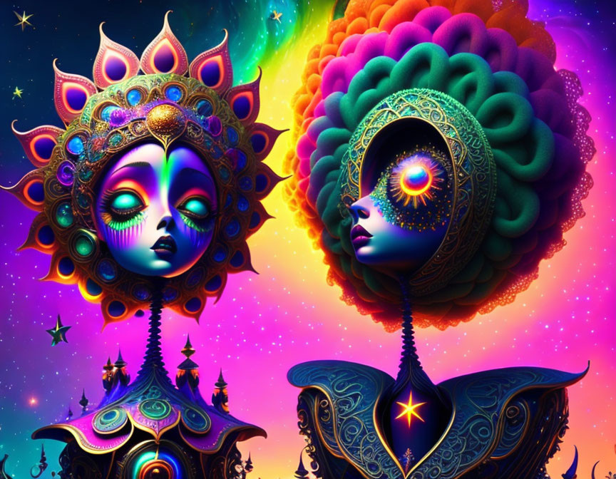 Vibrant celestial beings with intricate headdresses in cosmic artwork