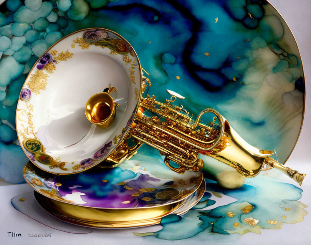 Vintage Gold-Trimmed Porcelain Tea Set & Golden Saxophone on Marbled Blue Background