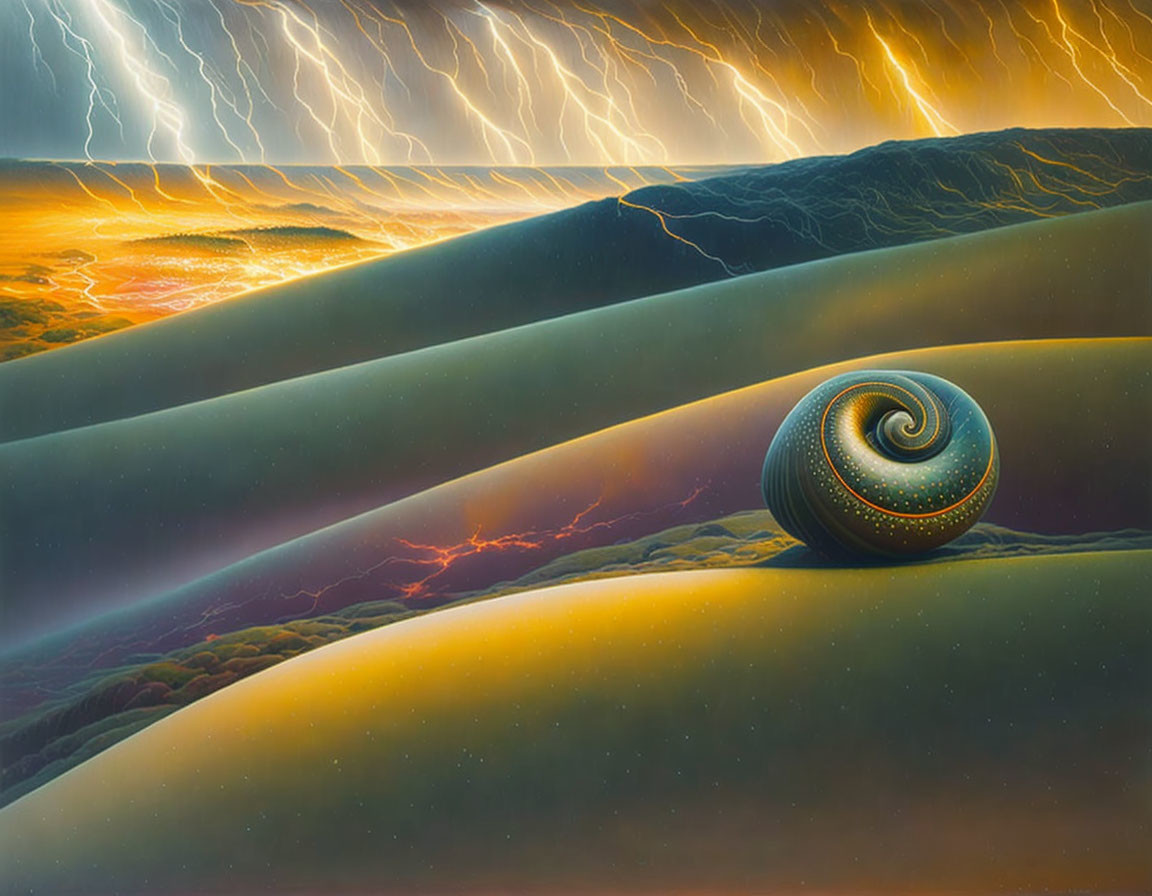 Surreal landscape with rolling hills and ornate snail shell under stormy sky