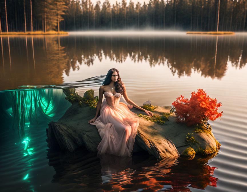 Woman in flowing gown by serene forest lake