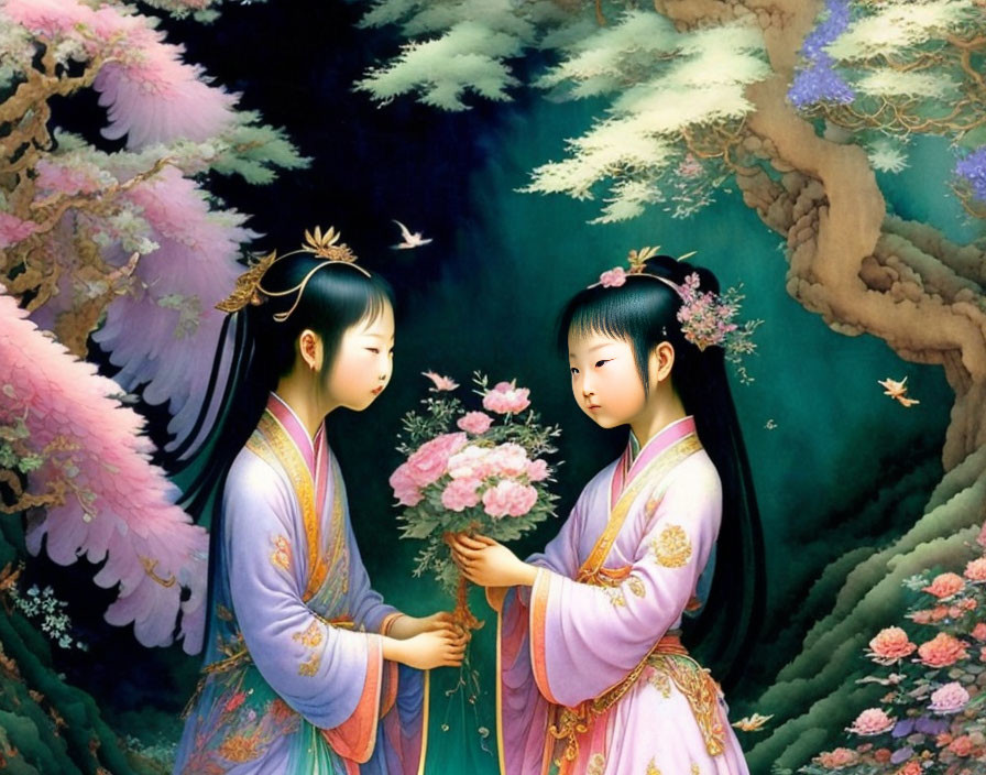 Two girls in traditional attire exchanging flowers in vibrant enchanted forest