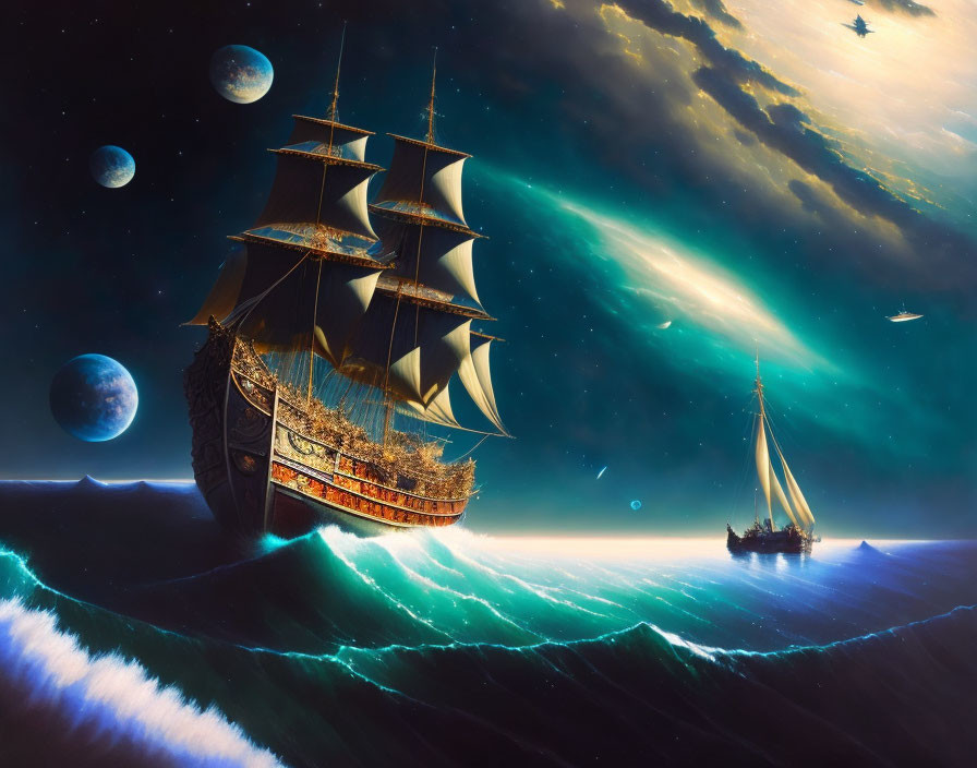 Fantastical starry sky with multiple moons and sailing ships