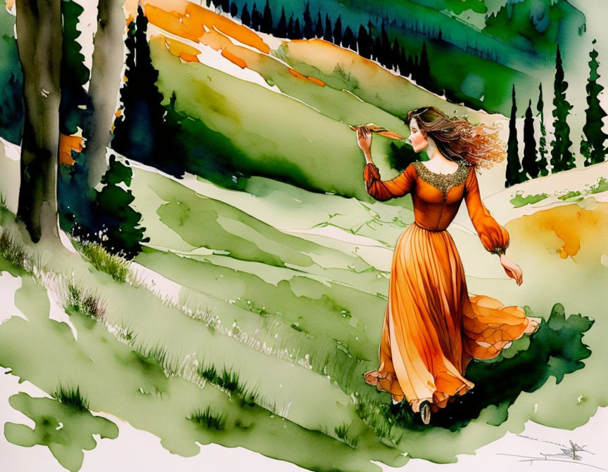 Woman in flowing orange dress walking in vibrant green meadow