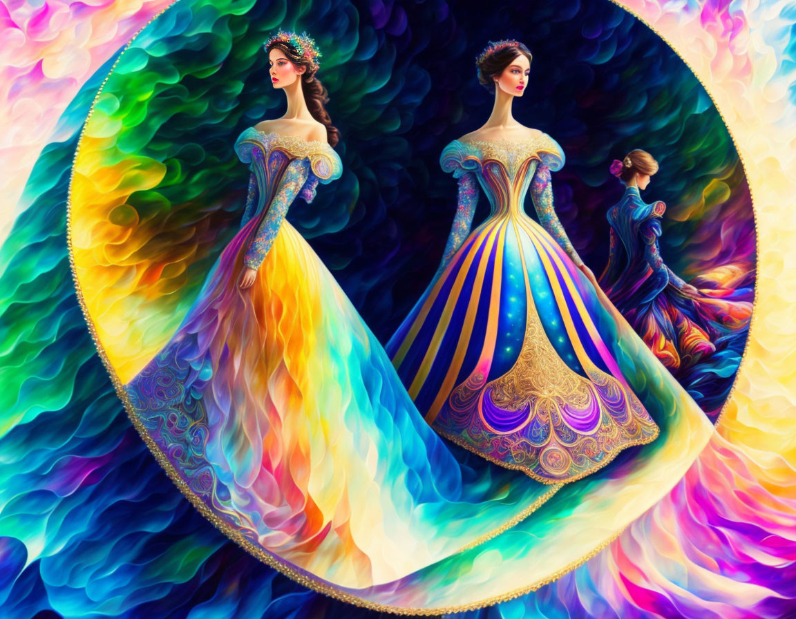 Colorful digital artwork: Three women in ornate dresses against fiery backdrop