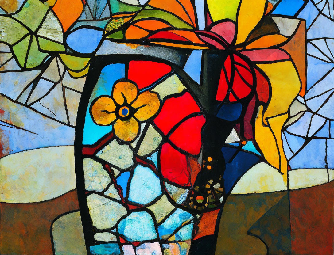 Abstract Floral Stained Glass Painting with Colorful Mosaic Design