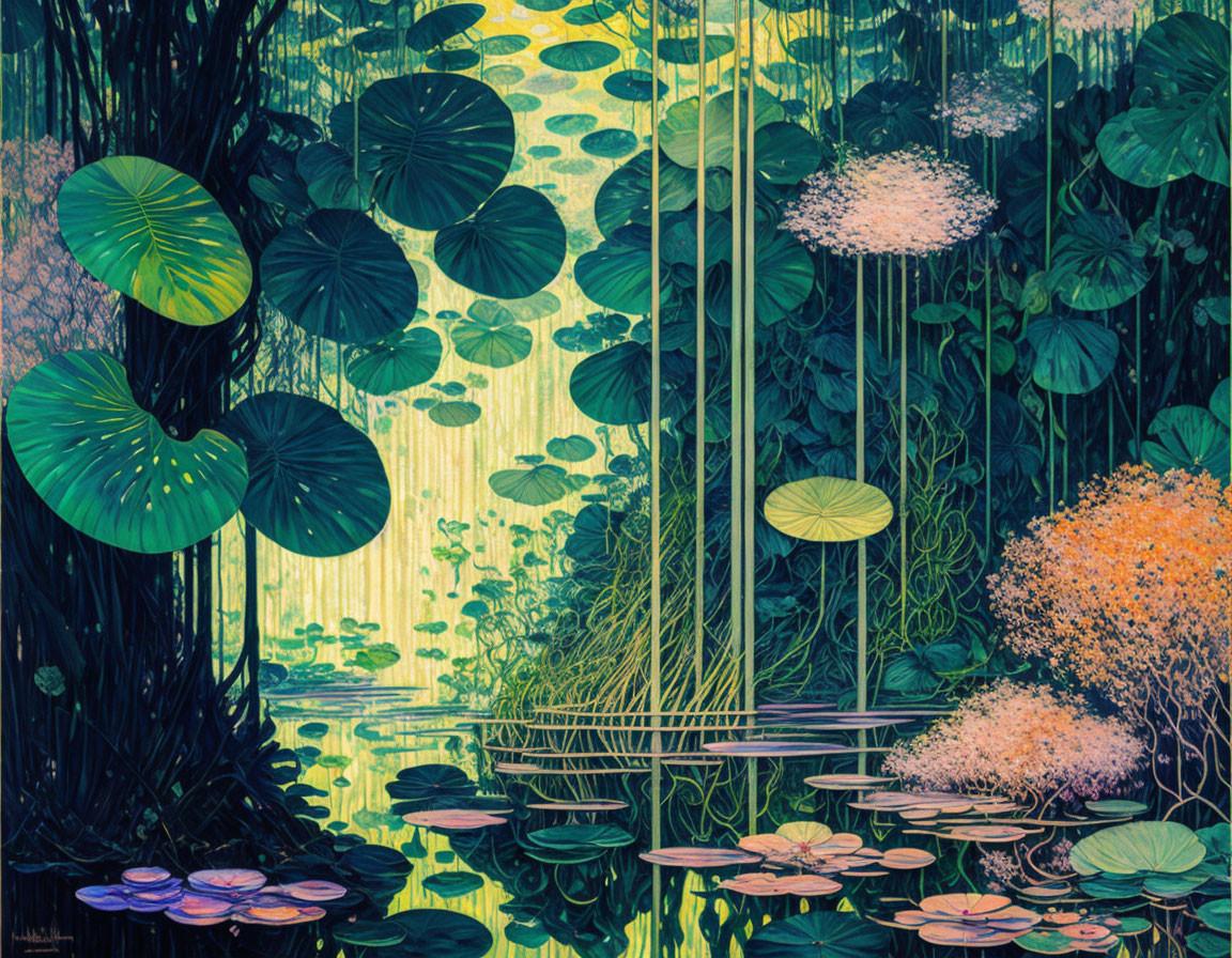 Vibrant illustration of lush pond with lily pads and foliage