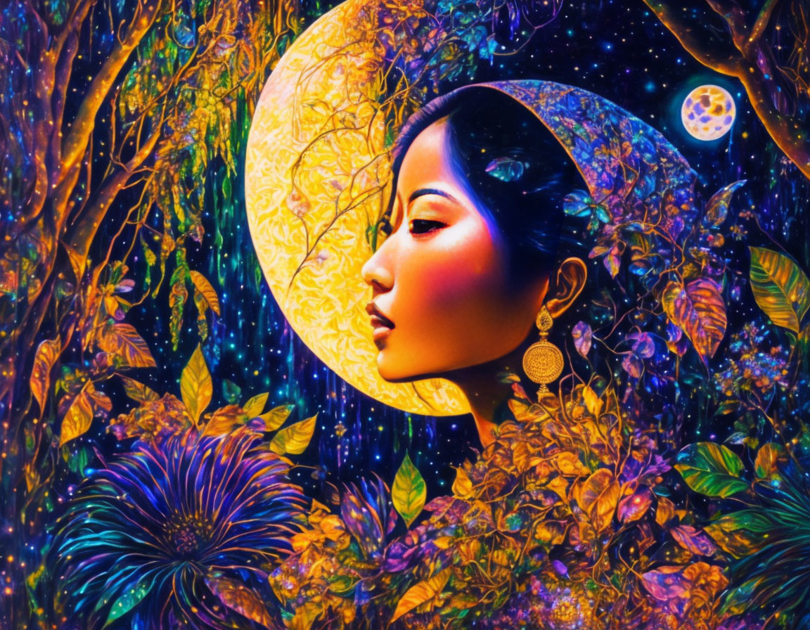 Colorful woman's profile against lunar backdrop with lush foliage.