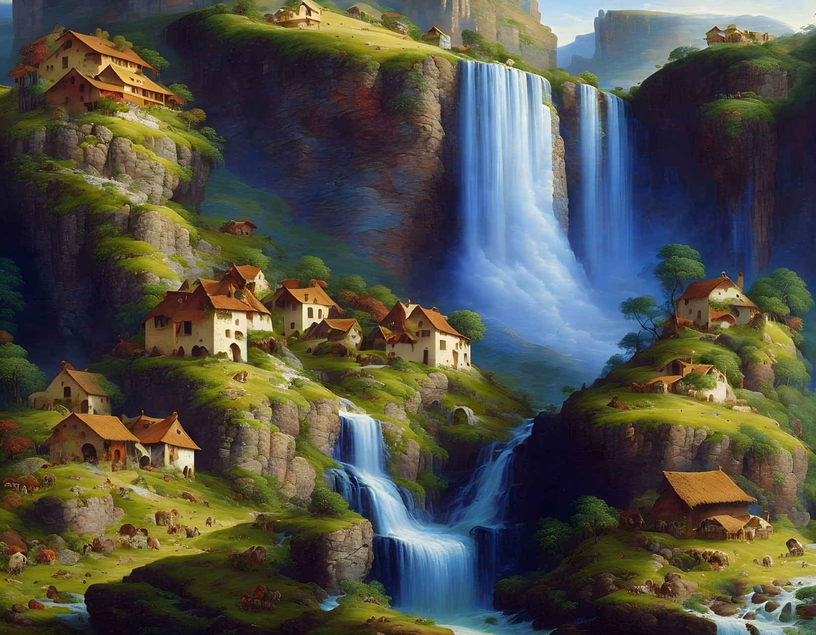 Fantasy landscape with cascading waterfalls, lush cliffs, and serene river