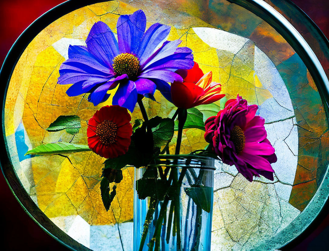 Colorful flowers in glass jar on cracked gold circle against dark background