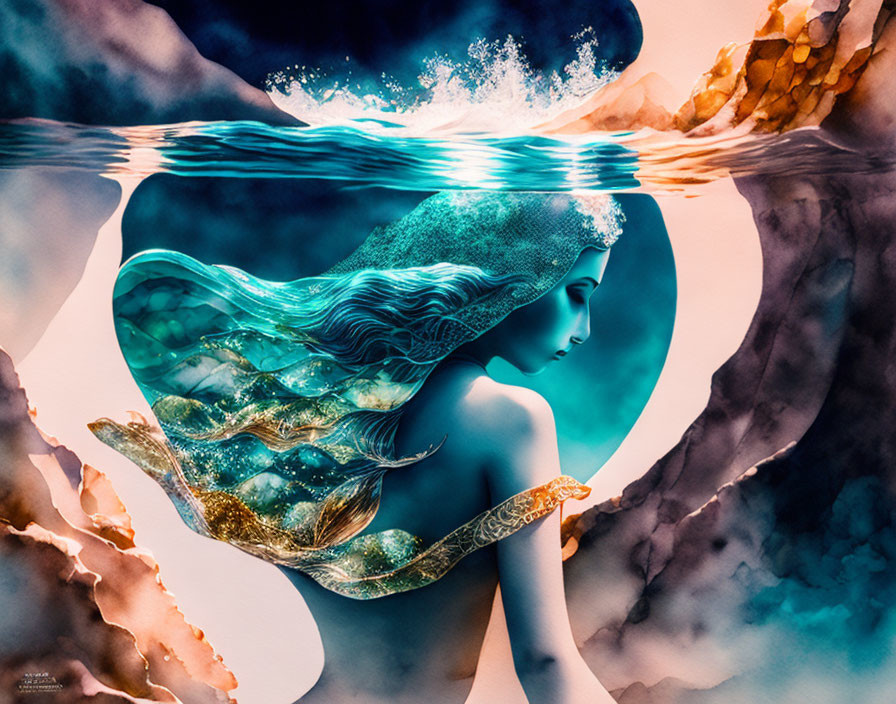 Mermaid with shimmering tail in surreal underwater scene