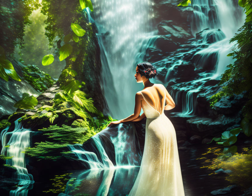 In evening dress to waterfall