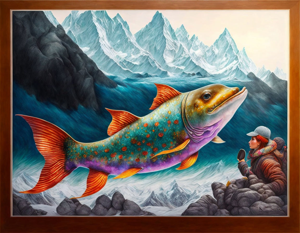 Colorful Flying Fish Over Rocky Landscape with Observer and Mountains