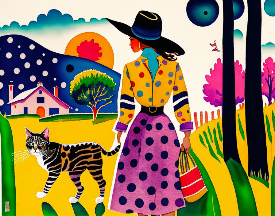 Vibrant painting of stylized woman walking cat in patterned outfit