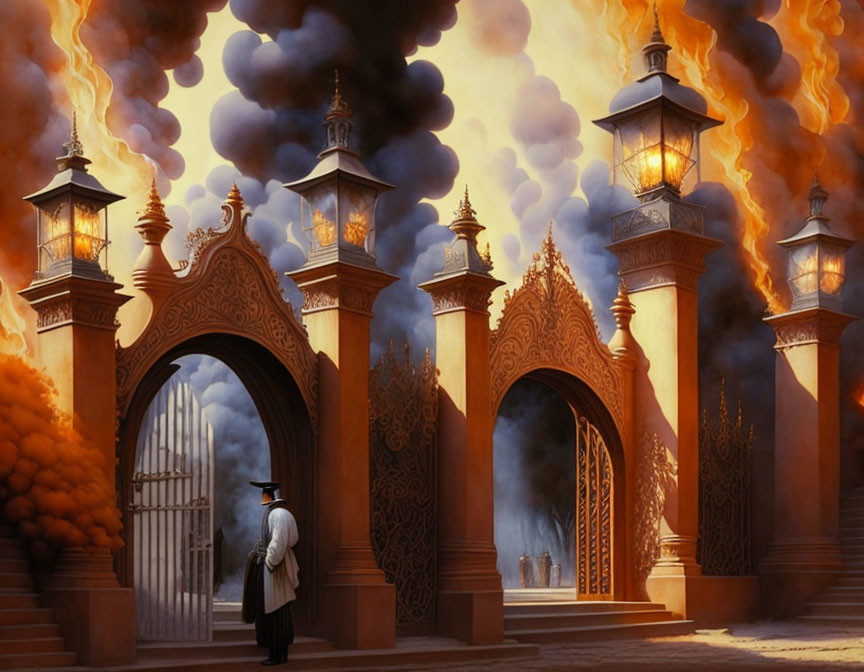 Vintage-dressed person at fiery gate in smoky, golden environment