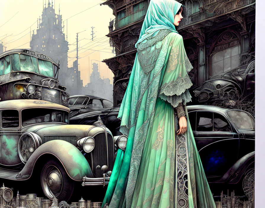 Detailed Green Hijab Woman near Vintage Cars and Gothic Architecture