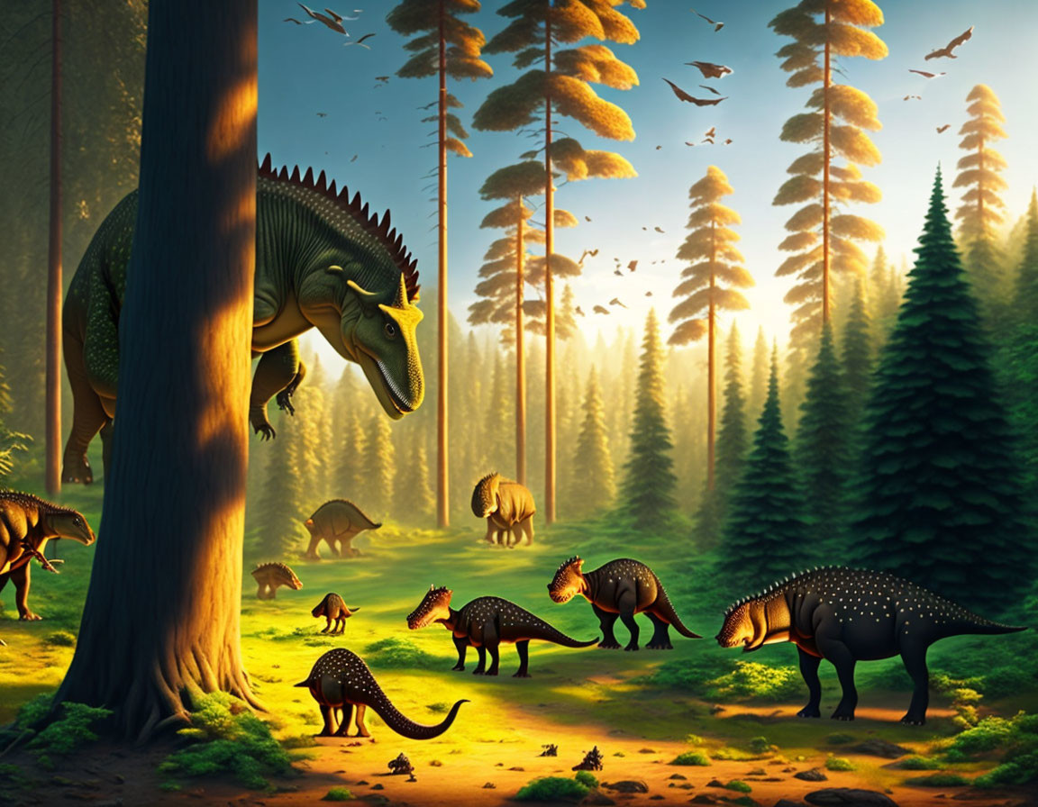 Diverse dinosaurs in sunlit prehistoric forest