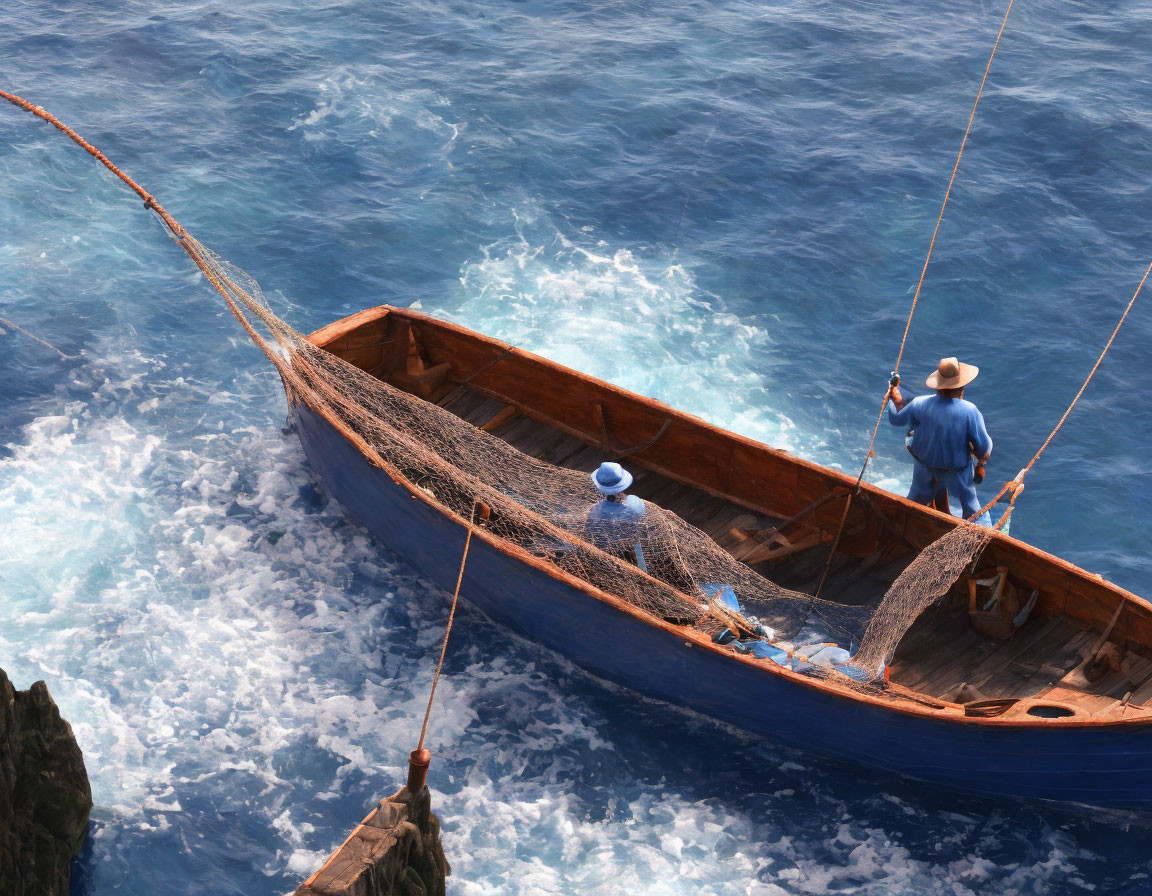 Two people fishing from a blue boat near rocky cliffs above deep blue sea