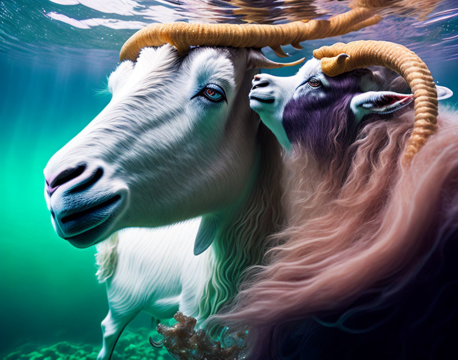 Stylized goats with vibrant blue eyes and long hair on teal background