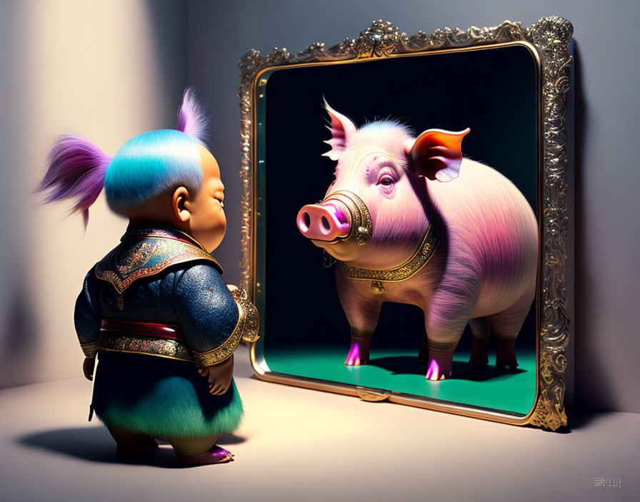 Stylized animated character with blue hair in traditional attire sees pig reflection with golden collar