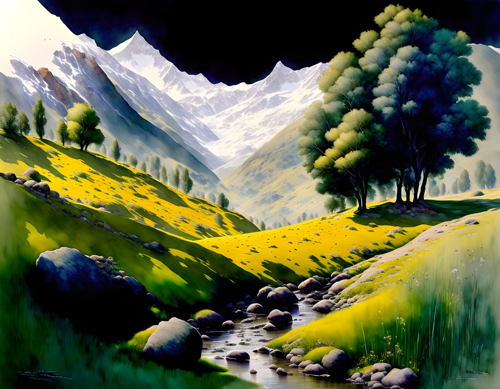 Scenic landscape painting of lush valley with river & snow-capped mountains