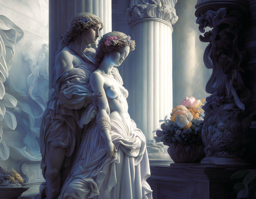 Classical statues in draped setting with soft light